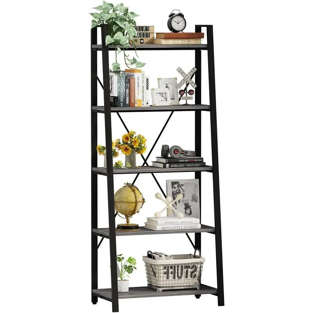 Bookshelf 5 Tier - 5-stufiges Leiter-Bücherregal, Industriestil, Holz und Metall,