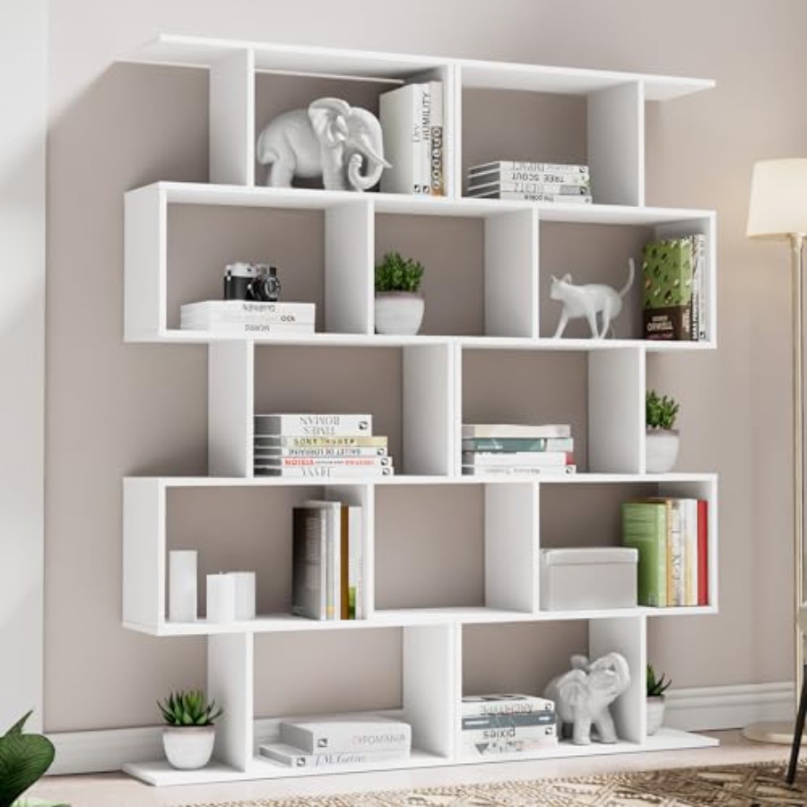 Bookshelf 5 Tier - Wohnzimmer-Büro-Bücherregal-Set: geometrisches S-förmiges 62 cm hohes