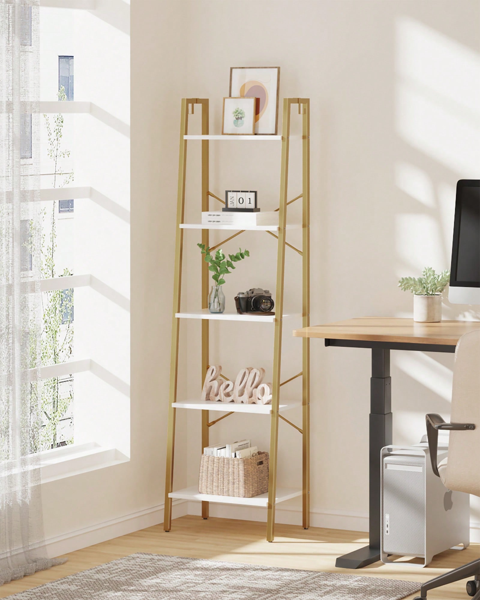 Bookshelf 5 Tier - 5-stufiges Leiterregal, modernes Glamour-Design in Weiß-Gold,