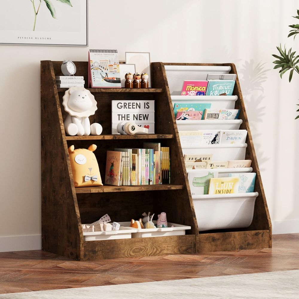 Bookshelf 5 Tier - 4-stöckiges Holz-Kinderbücherregal mit 5 Schlaufenhüllen für